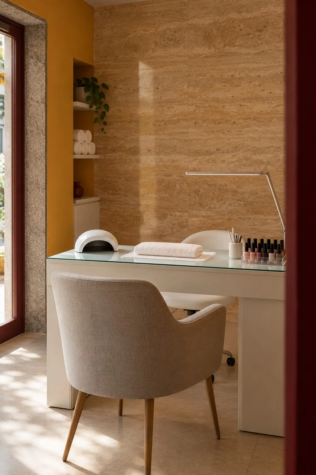 O canto da manicure do instituto: mesa branca, cadeirão cinzento, paredes de travertino e amarelas