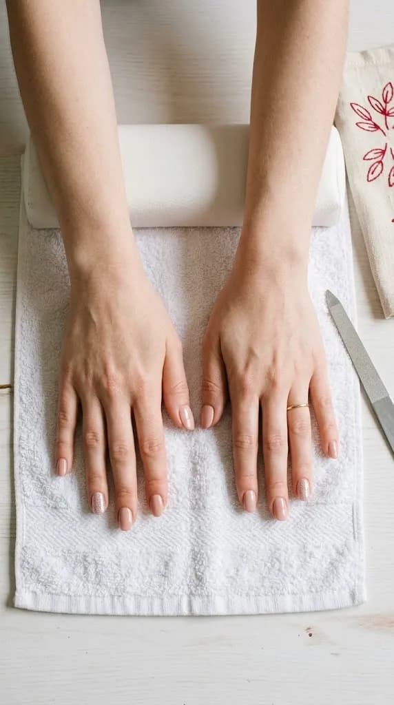 As mesmas mãos com uma manicure de gel rosa nude acabada, numa toalha branca