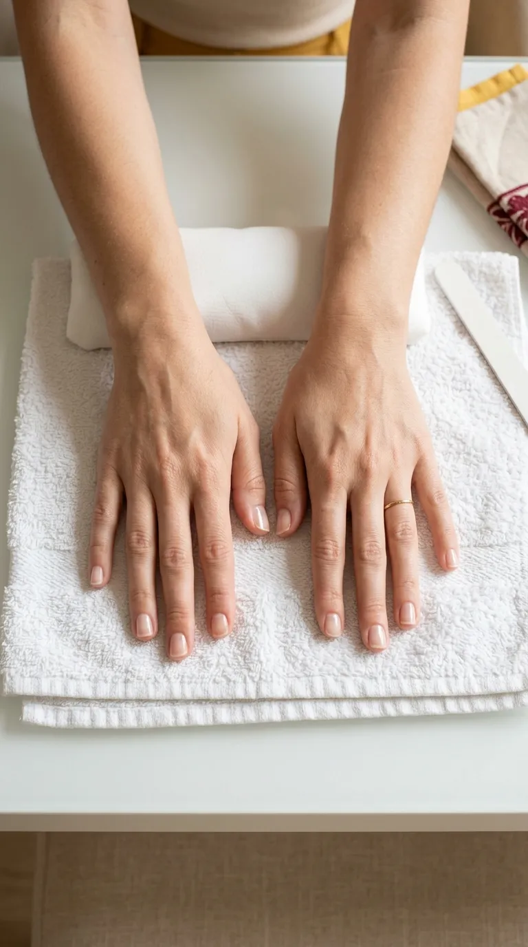 Unhas naturais limadas e preparadas numa toalha branca, sem verniz