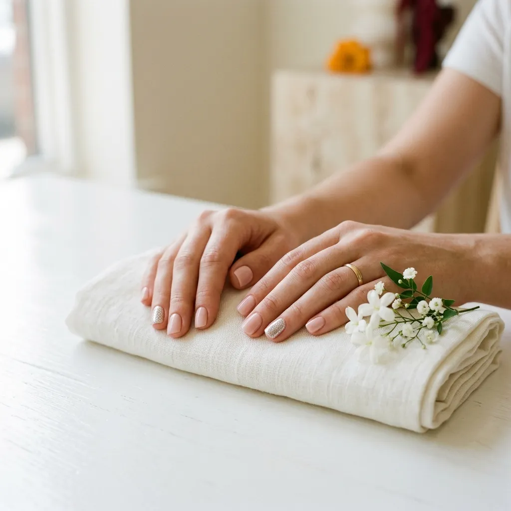 Mãos pousadas numa toalha de linho depois de uma manicure de gel rosa nude